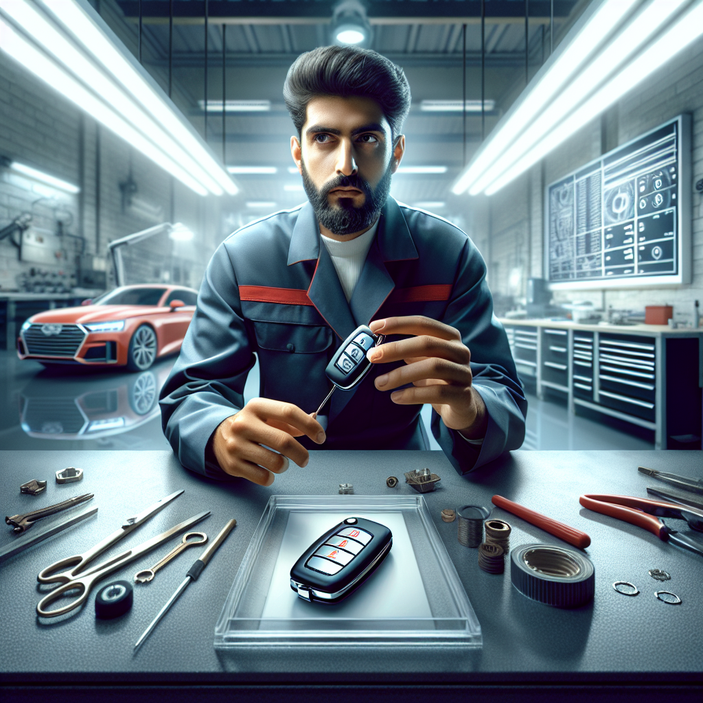 A locksmith technician replacing an electronic car key for a luxury German car in a well-equipped workshop.