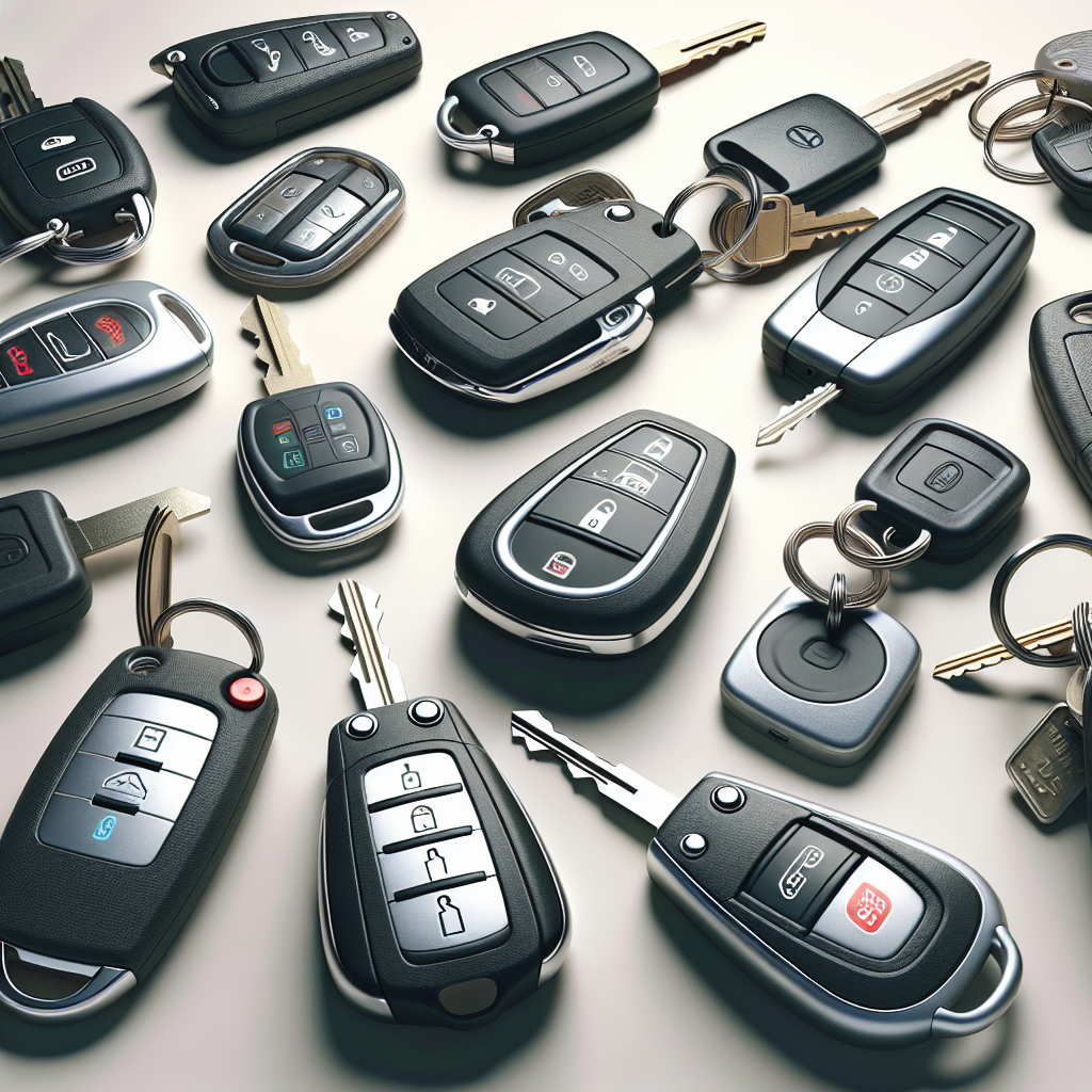 Various types of modern electronic car keys, including key fobs, transponder keys, and smart keys.