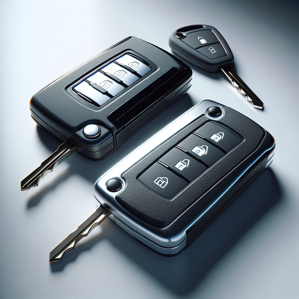 A realistic depiction of various modern electronic car keys including a key fob, transponder key, and smart key, arranged on a white table.