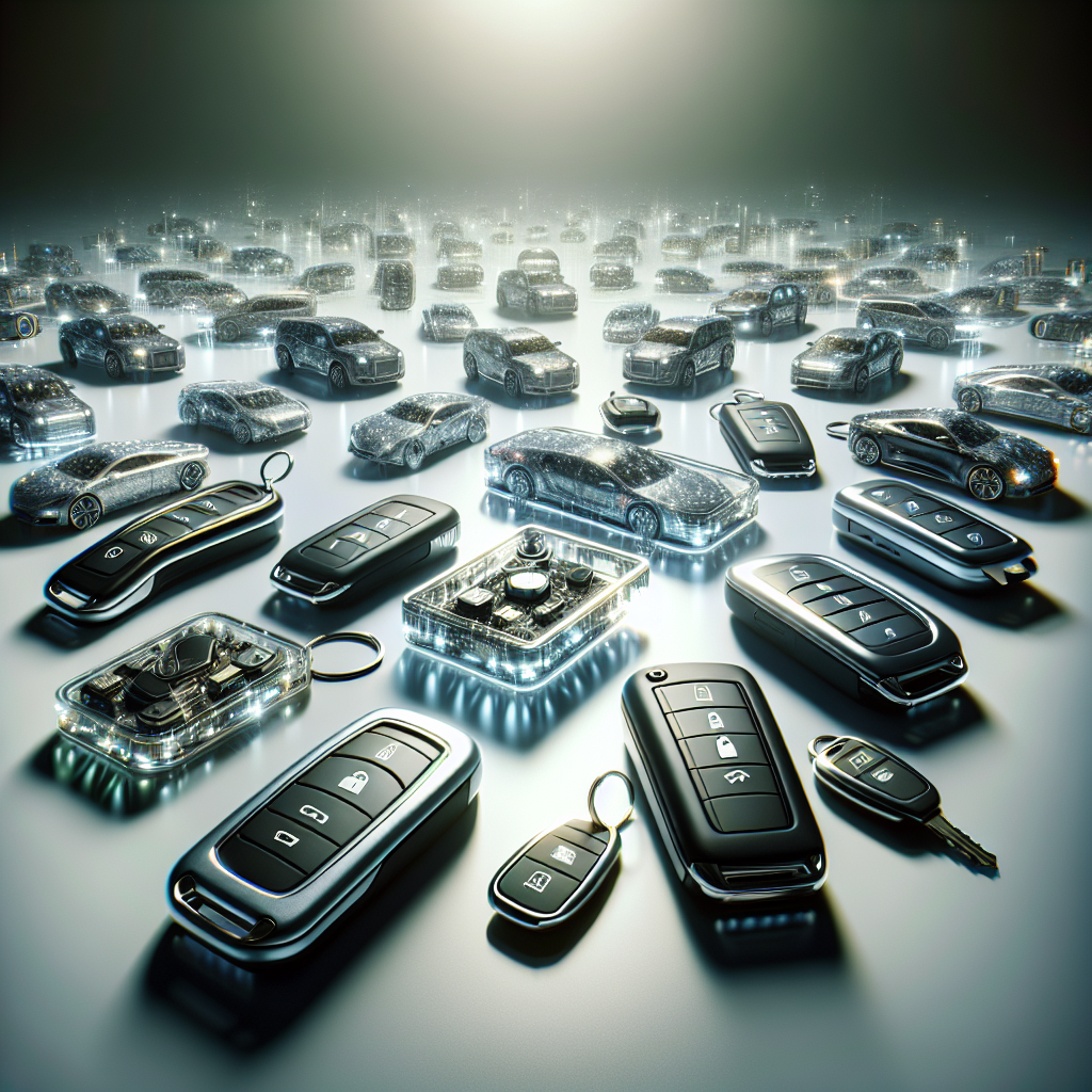 A realistic depiction of various electronic car keys including key fobs, transponder keys, and smart keys on a well-lit tabletop.