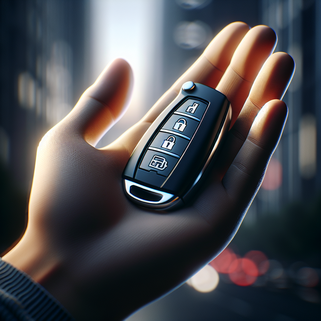 A realistic image of a modern car key fob held by a hand, with a blurred background.