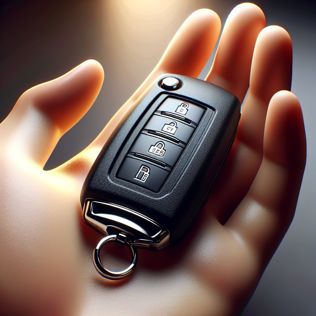 A modern key fob held in a hand, showing its sleek design and buttons.