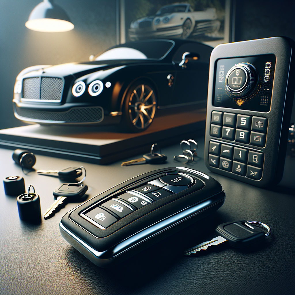 A realistic depiction of a key fob and programming device near a luxury car.