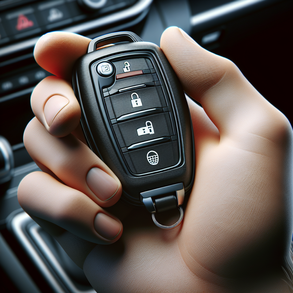 A modern car key fob held in a person's hand with a blurred car interior background.