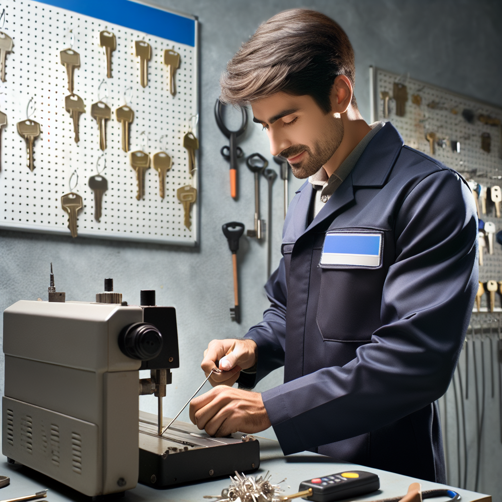 A professional locksmith making a key on a key-cutting machine in a well-organized workshop.