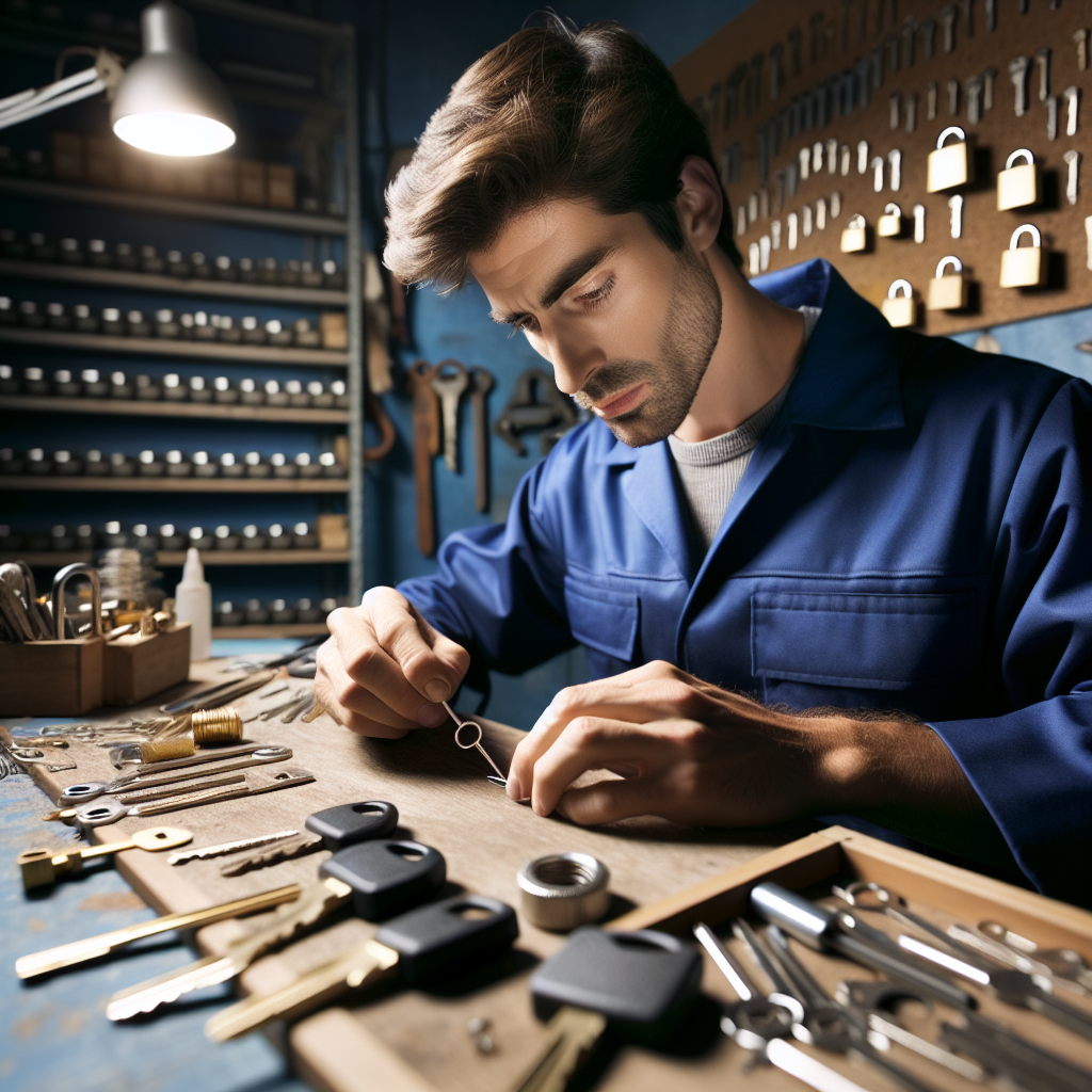 A locksmith in a blue uniform making a key at a workbench in a well-organized workshop.