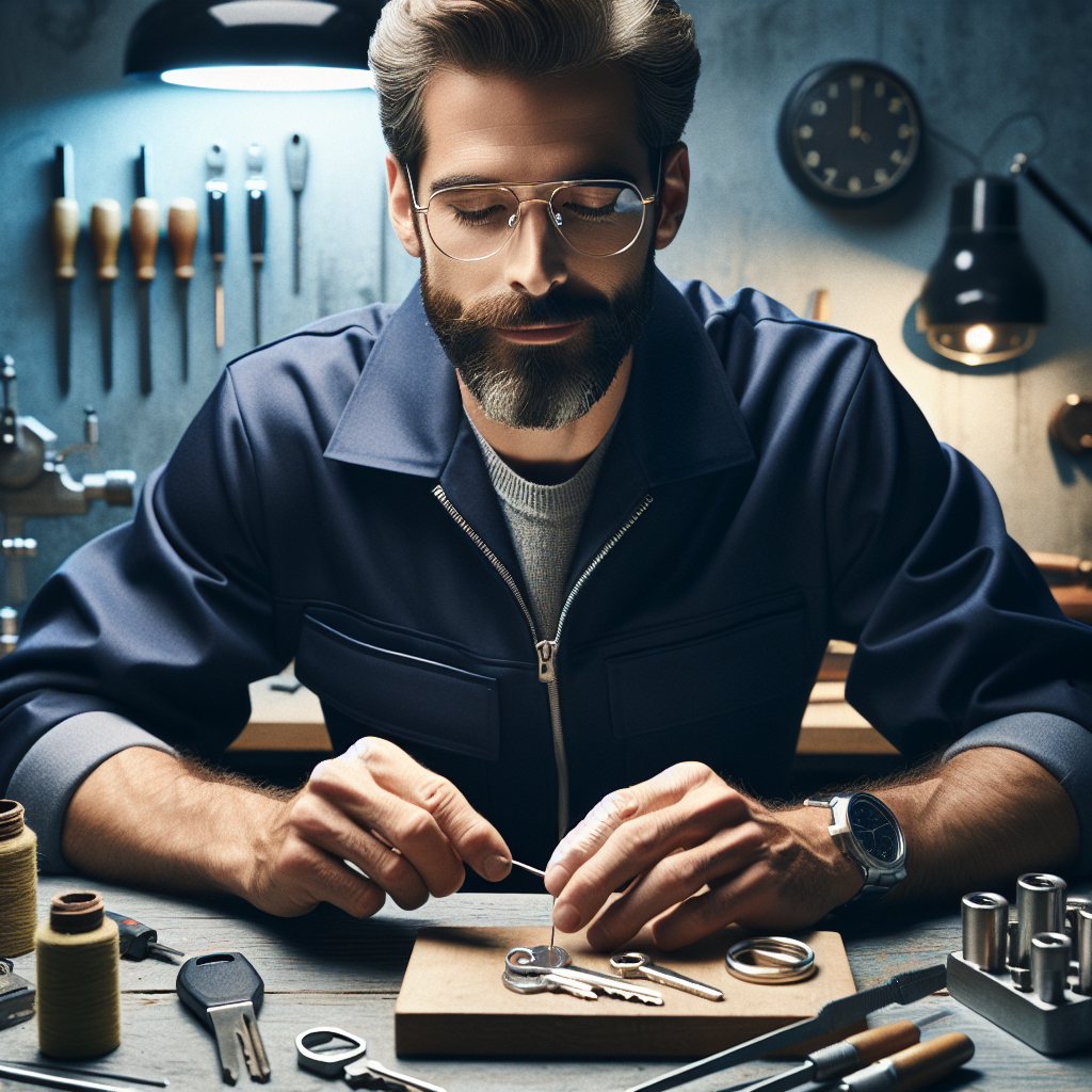 A professional locksmith creating a key in a well-equipped workshop.