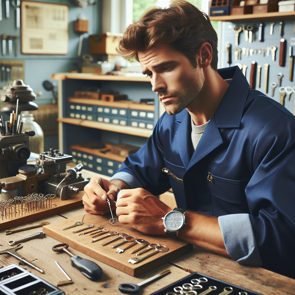 A professional locksmith in a blue uniform working on key duplication in a workshop.