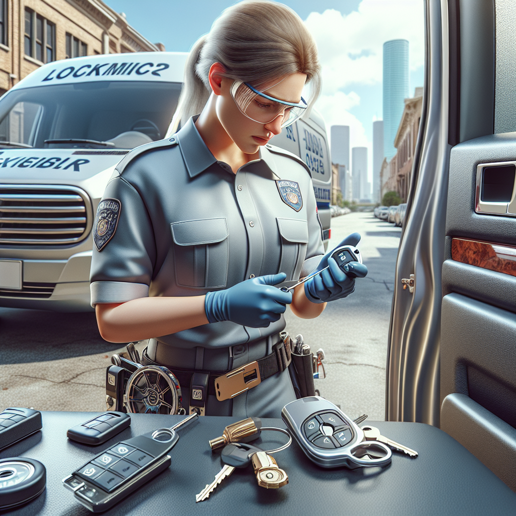 A professional locksmith working on a BMW car door lock with a key cutting machine beside him.