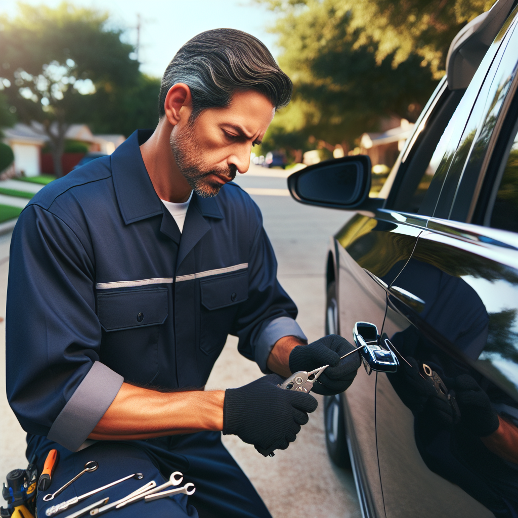 A professional locksmith working on a car's door lock, showcasing expertise in a suburban Houston setting.