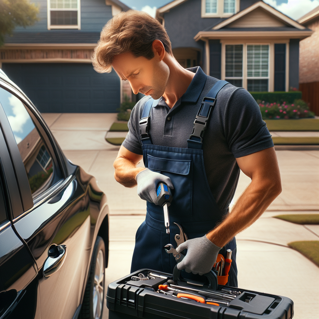 A professional locksmith unlocking a sleek black BMW in a suburban neighborhood.