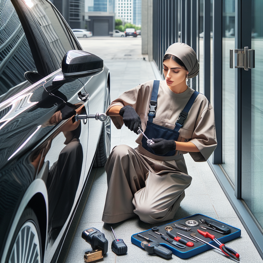 A professional locksmith working on unlocking a high-end car door in a realistic setting.