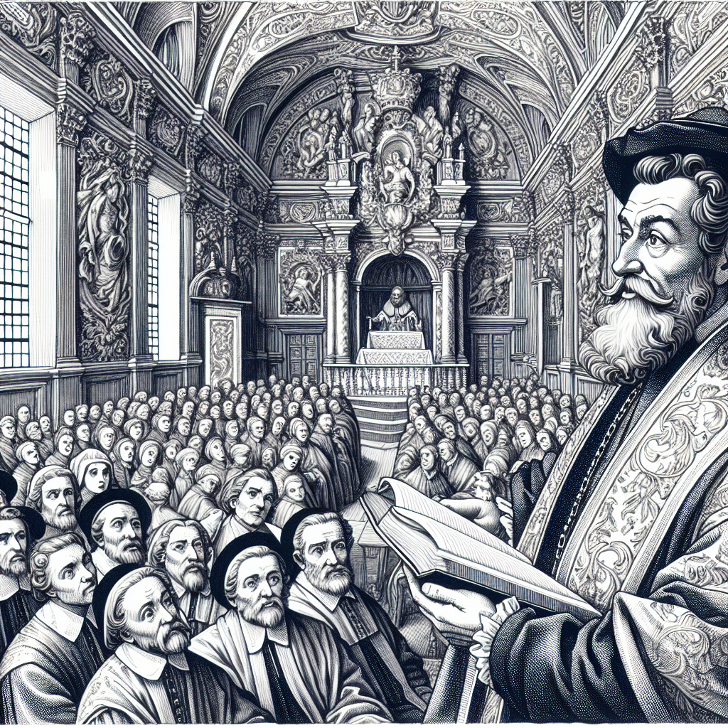 St. Philip Neri speaking to a crowd in a 16th-century ornate room.