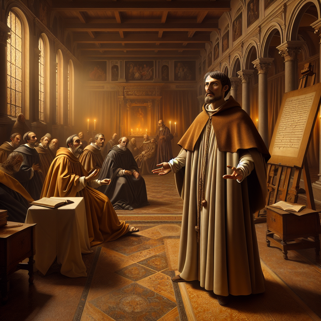 Realistic depiction of St. Philip Neri speaking to an audience, inspired by a historical painting.