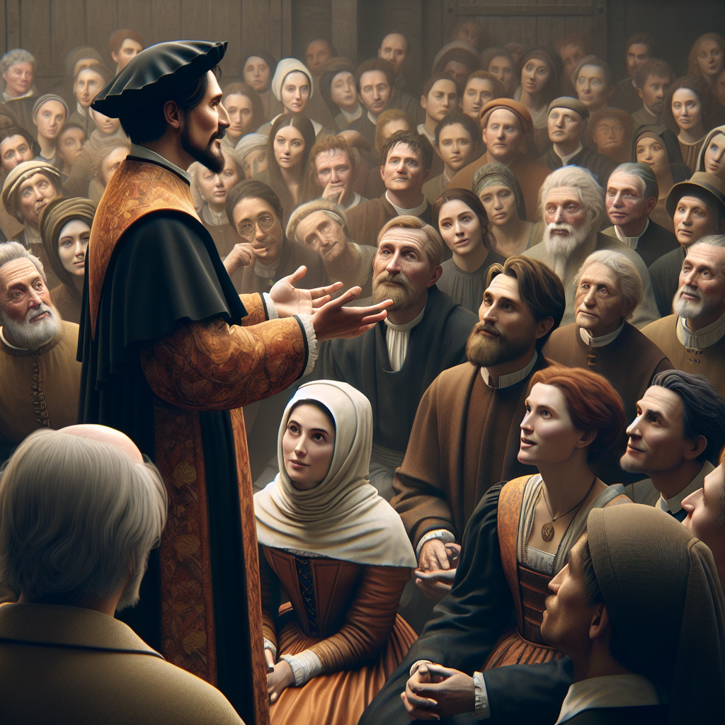 St. Philip Neri speaking to a captivated audience, showcasing realism with historical attire and an atmosphere of attentiveness.