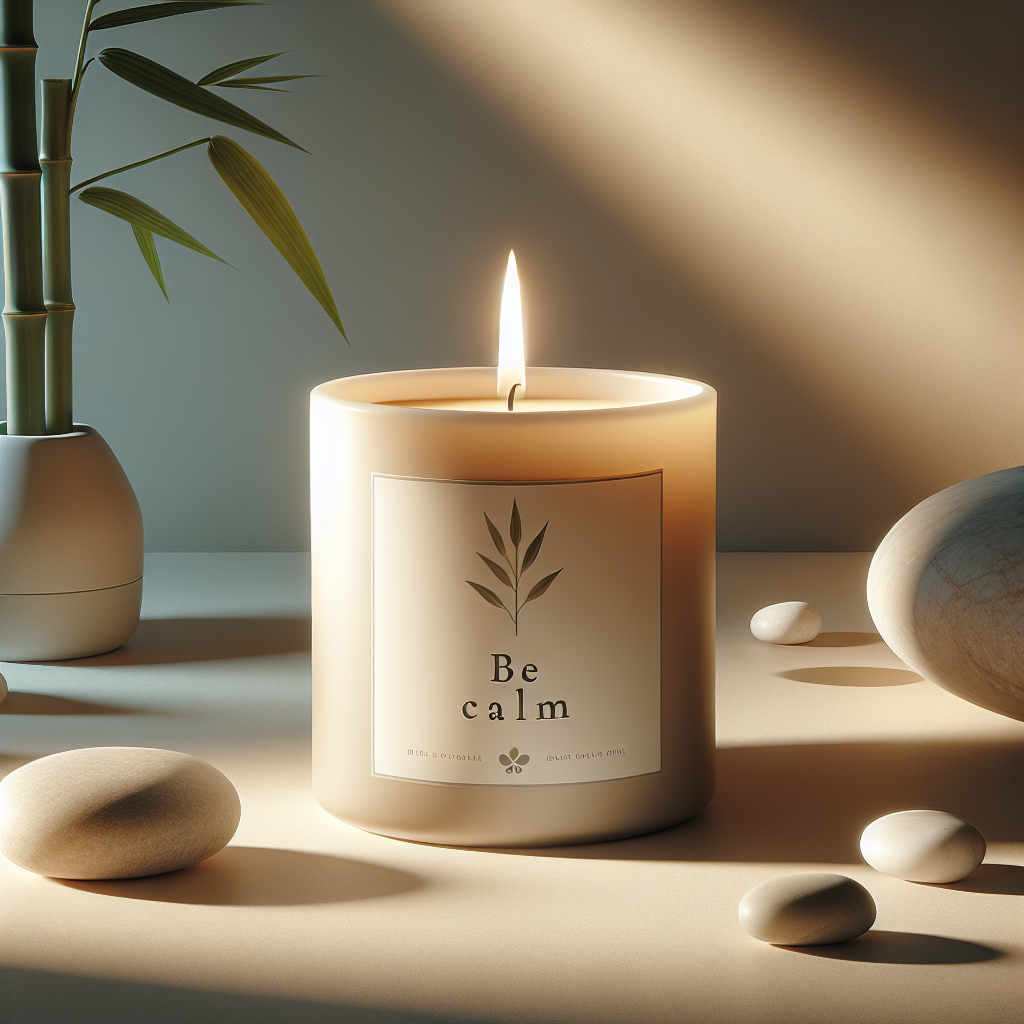 Realistic image of a lit Be Calm candle in a zen-like tranquil setting, with soft lighting and natural elements.