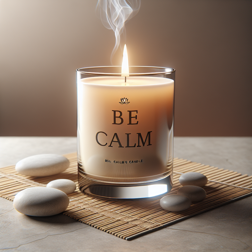 A 'Be calm candle' with a flame at the center of a tranquil meditation space, surrounded by pebbles, with a bamboo mat underneath, in warm and serene lighting.