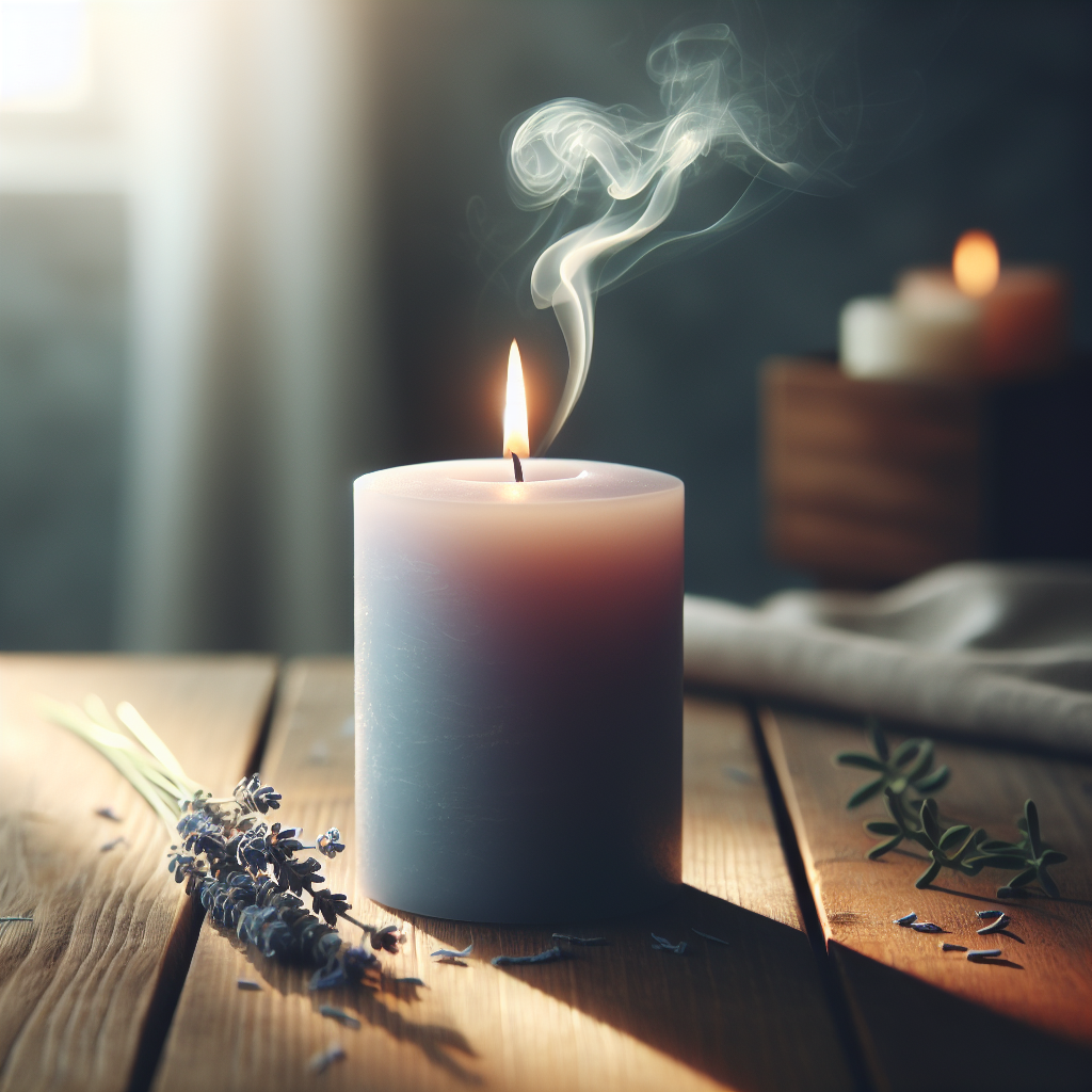 A realistic depiction of a gently glowing 'Be calm candle' on a wooden table, creating a peaceful atmosphere in a dimly-lit room, designed to evoke serenity and tranquility.
