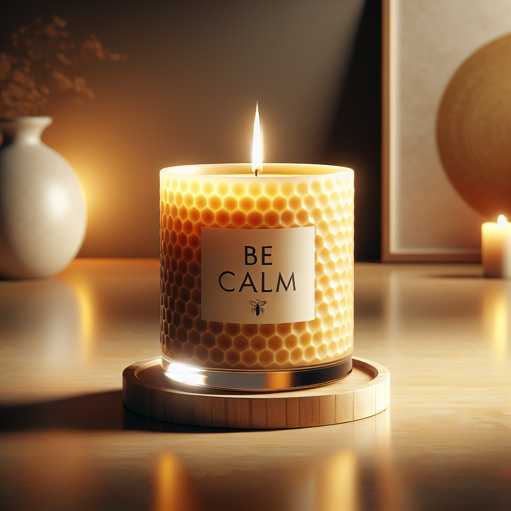 Realistic image of a 'Be calm candle' with a flickering flame in a tranquil and minimalist setting, symbolizing relaxation and tranquility.