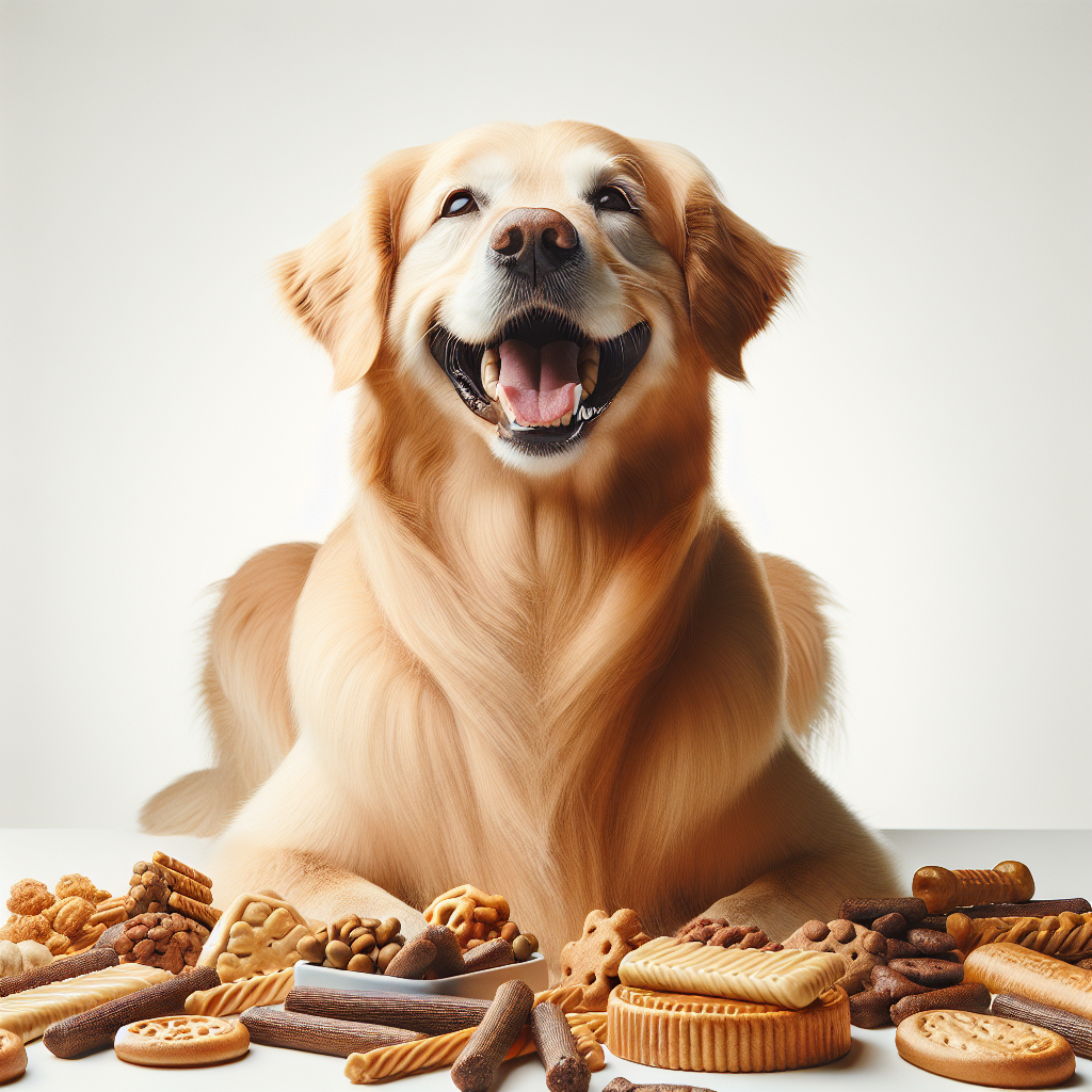 A joyful golden retriever dog with shiny teeth surrounded by assorted dental dog treats on a white background.