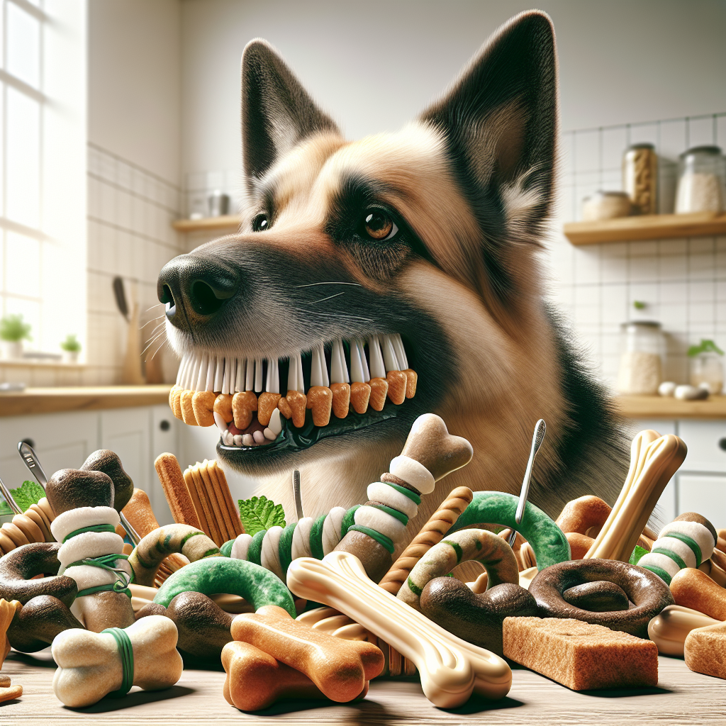 Assorted dental health dog treats with a dog showcasing its clean teeth in a sunny kitchen setting.