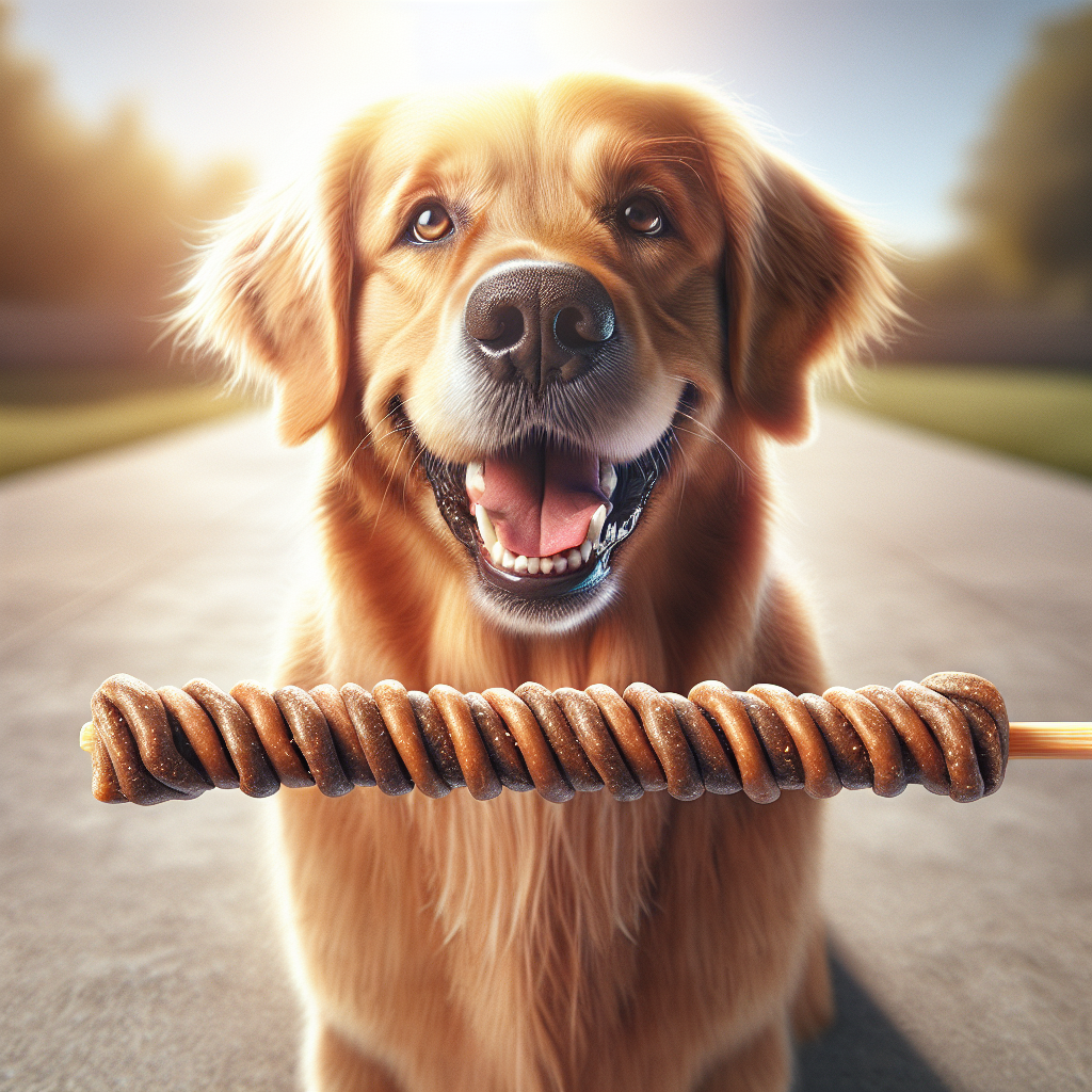 A smiling Golden Retriever happily chewing on a dental stick treat, with a focus on clean teeth and the dental health aspect of the treat.