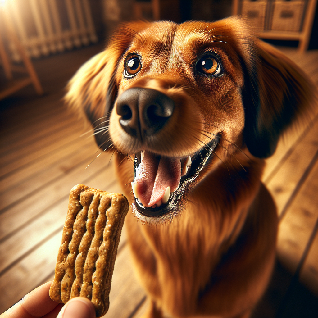 A medium-sized, chestnut-brown dog with shiny fur happily enjoying a realistic Wanpy dog treat.