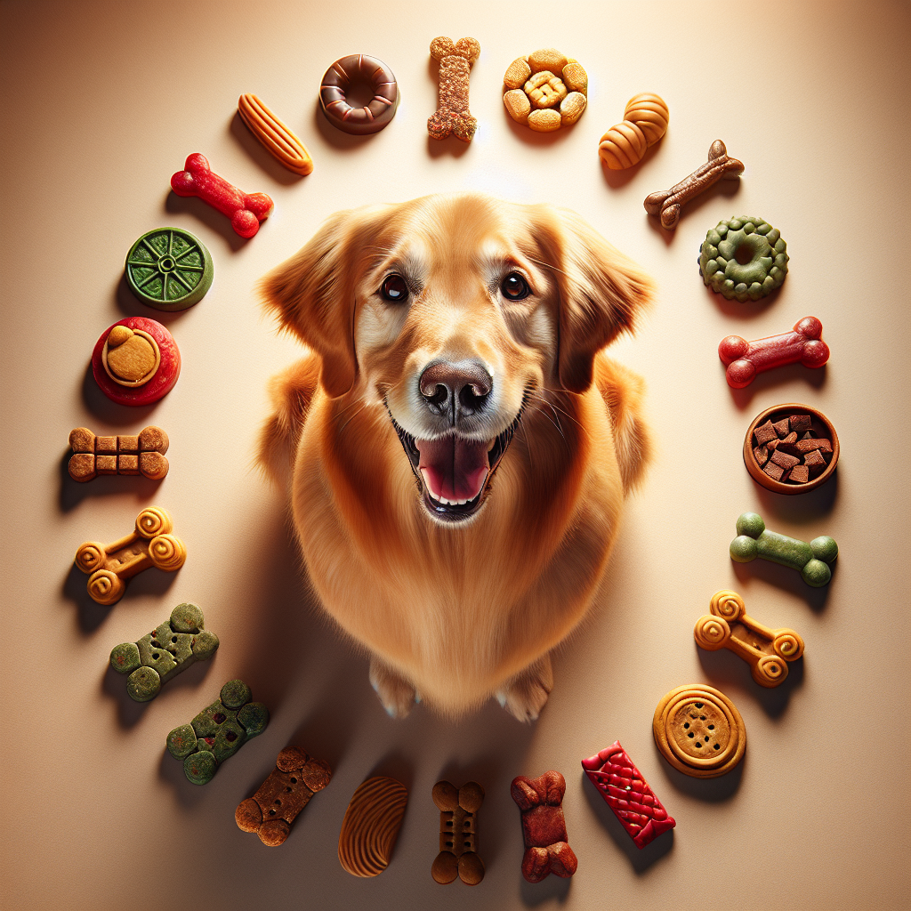 Golden retriever sitting happily beside an array of colorful Wanpy dog treats.