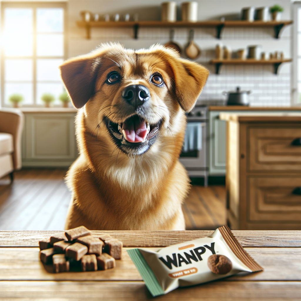 A happy, healthy golden-brown dog sitting in a cozy, well-lit kitchen, gazing at a pack of Wanpy Dog Treats on the counter.