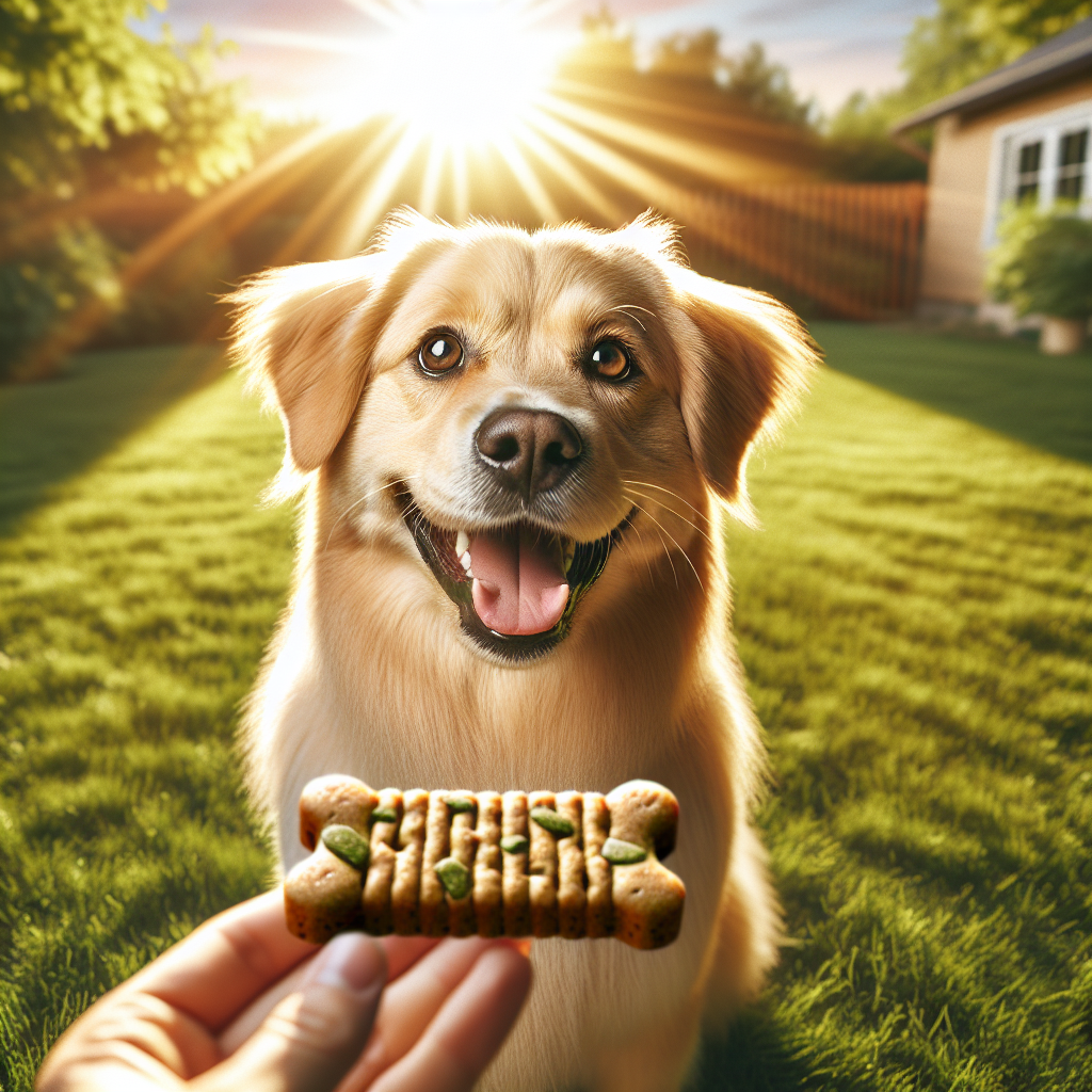 A content, medium-sized golden-furred dog happily munching on a wholesome Wanpy dog treat in a sunny backyard.