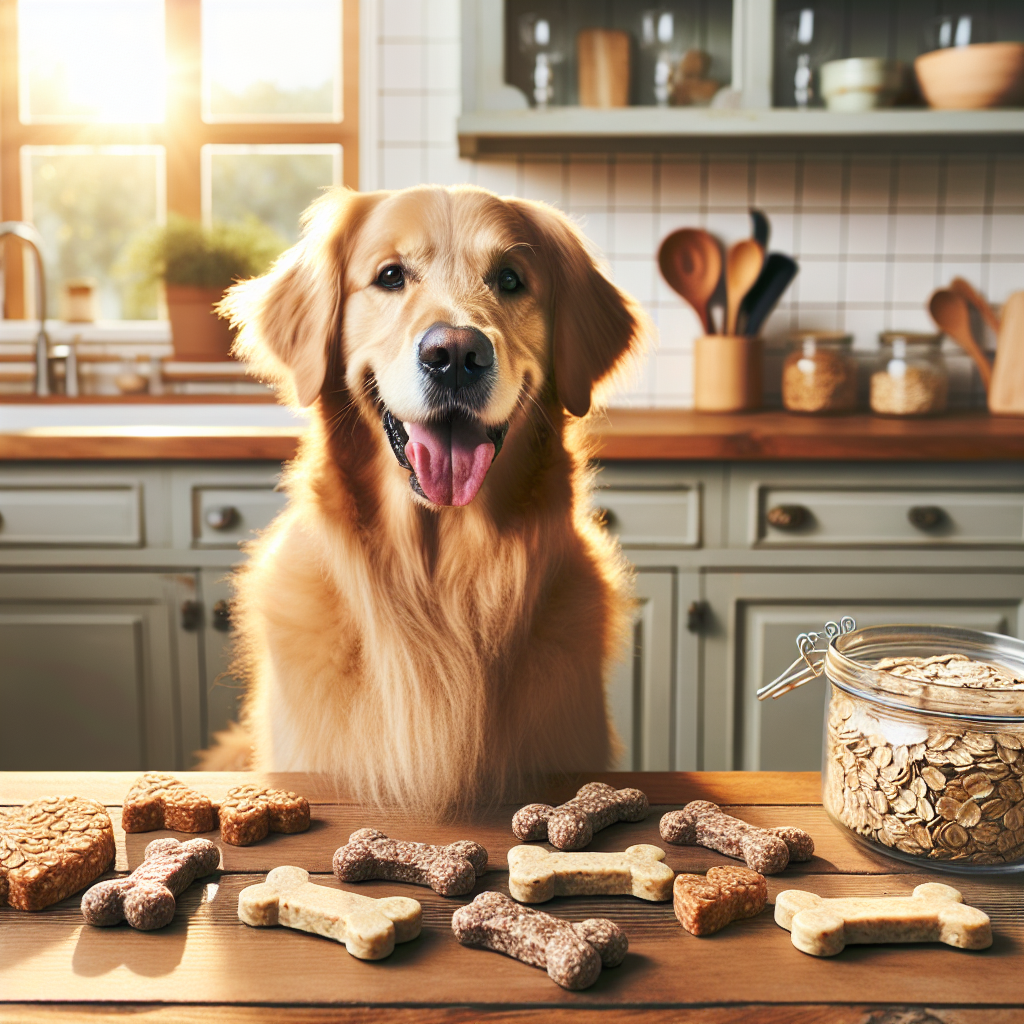 A healthy golden retriever sits attentively in a sunny kitchen, surrounded by homemade rolled oat dog treats, with containers and loose oats on the countertop.