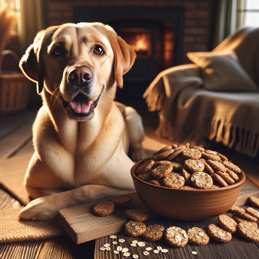A happy Labrador Retriever beside a bowl of golden-brown oat-based dog treats in a cozy home setting, emphasizing the health benefits of oats for a dog's shiny coat and overall well-being.