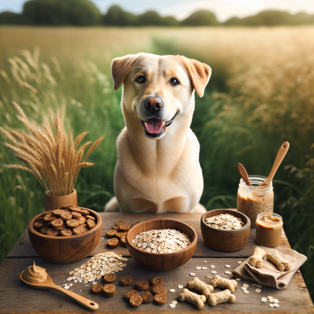 A happy dog with creamy fur sitting in a grassy field surrounded by healthy dog treat ingredients, with a bowl of treats beside it, in a warm daylight setting.