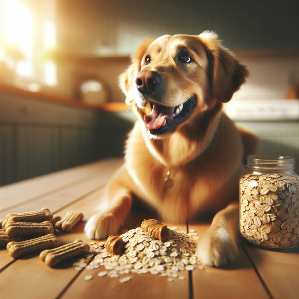 A happy dog eating homemade rolled oats dog treats in a warm kitchen setting, exemplifying health and contentment.