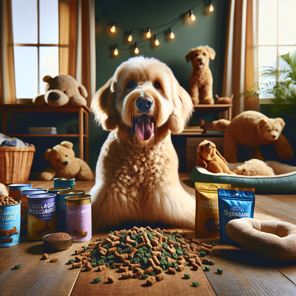 Realistic image of a happy Labradoodle with healthy treats and toys in a home setting.