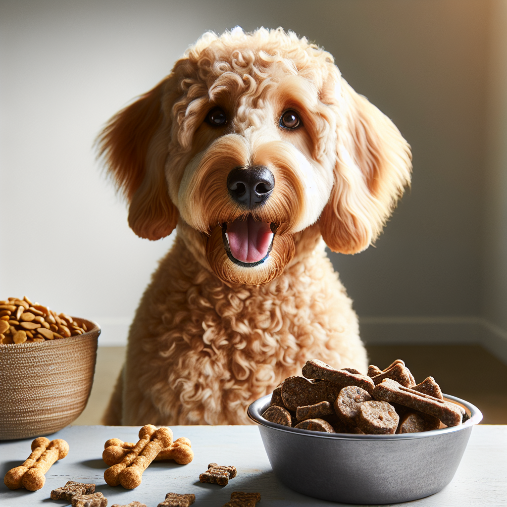 Cheerful apricot Labradoodle with a bowl of healthy dog treats.