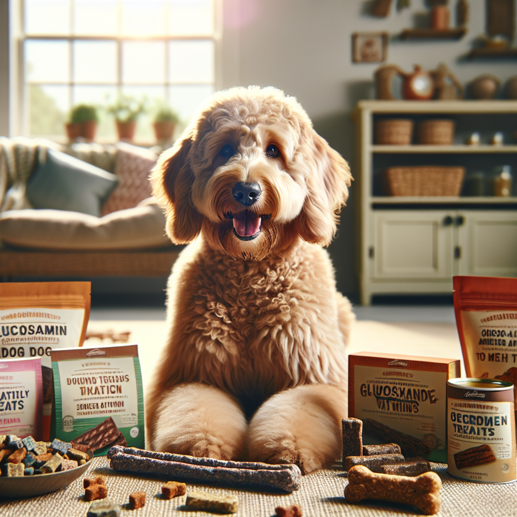 A happy apricot-colored Labradoodle surrounded by nutritious dog treats in a cozy home environment.