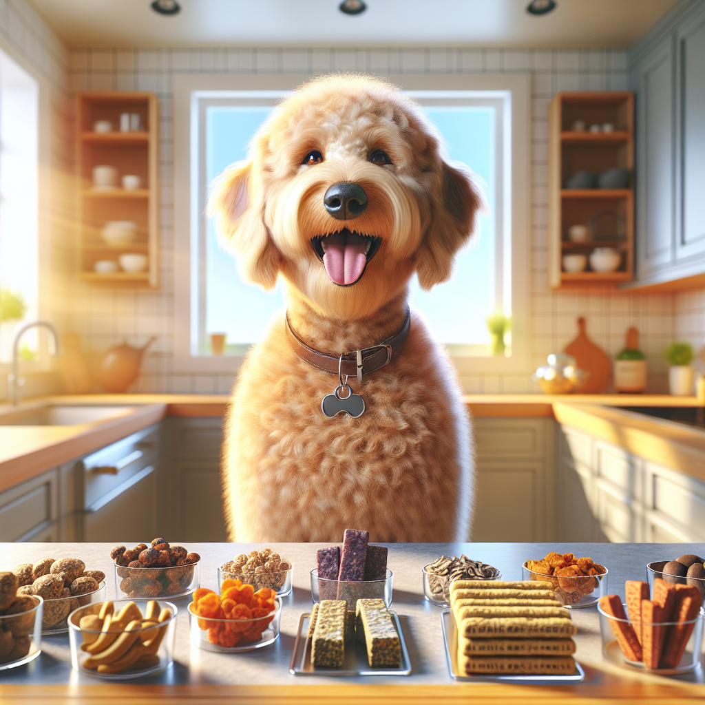 A golden curly coated labradoodle sitting in a sunny modern kitchen with healthy dog treats in front.