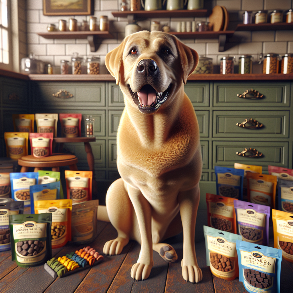Golden Labrador retriever sitting among bulk-packaged dog training treats in a sunny kitchen setting.