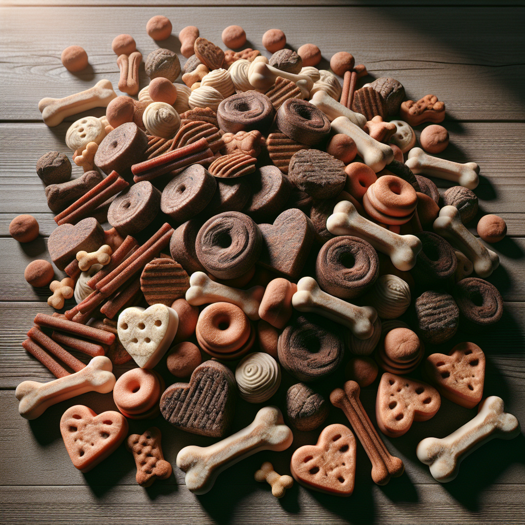 Assorted dog training treats scattered on a wooden surface, representing a variety of shapes and natural colors, illuminated by soft, natural light.