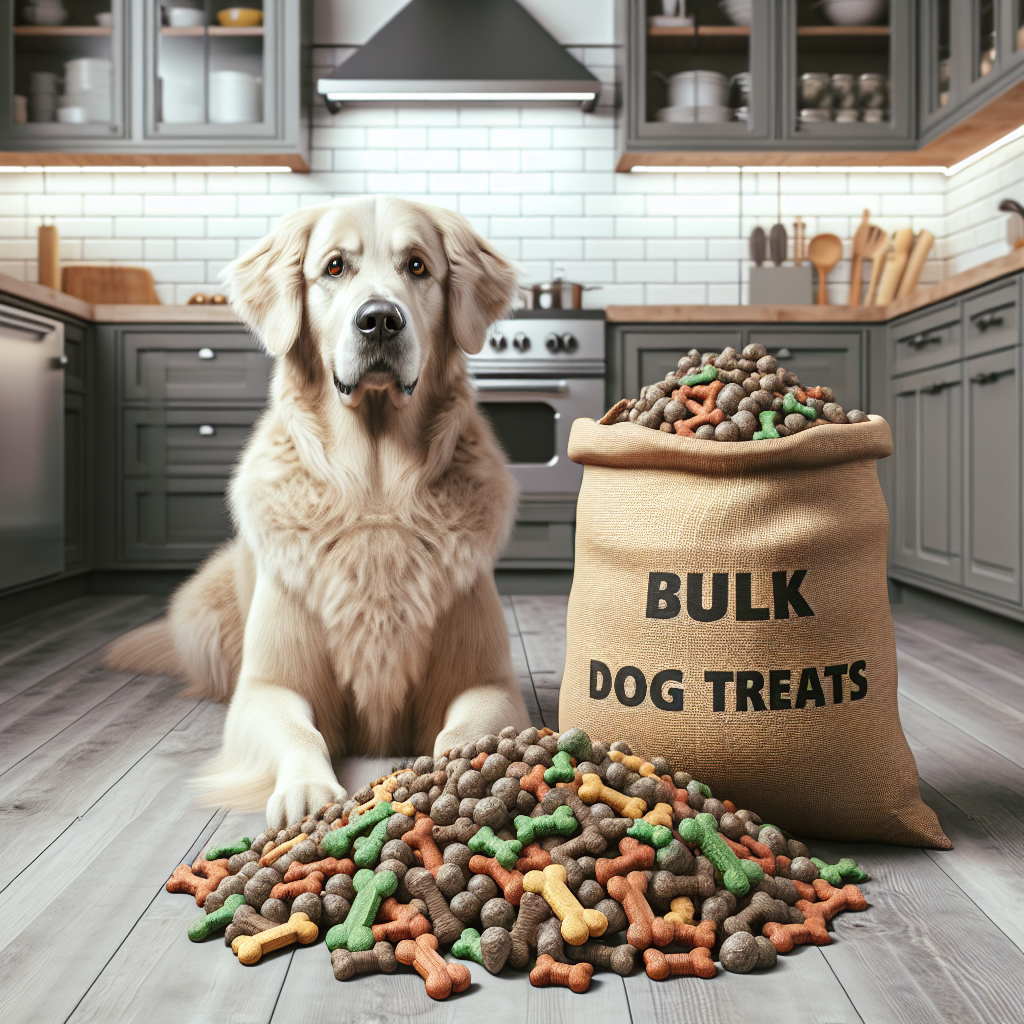 A guided, realistic depiction of a golden retriever in a modern kitchen with bulk dog training treats spilling from a sack, ready for a training session.