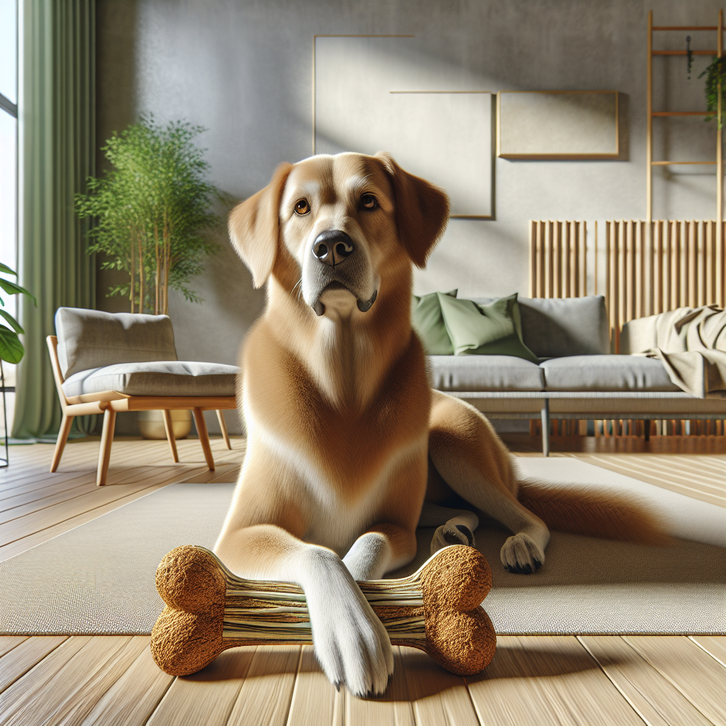 A calm golden-brown dog sitting next to a chew toy in a serene, modern living room with soft light and plants.