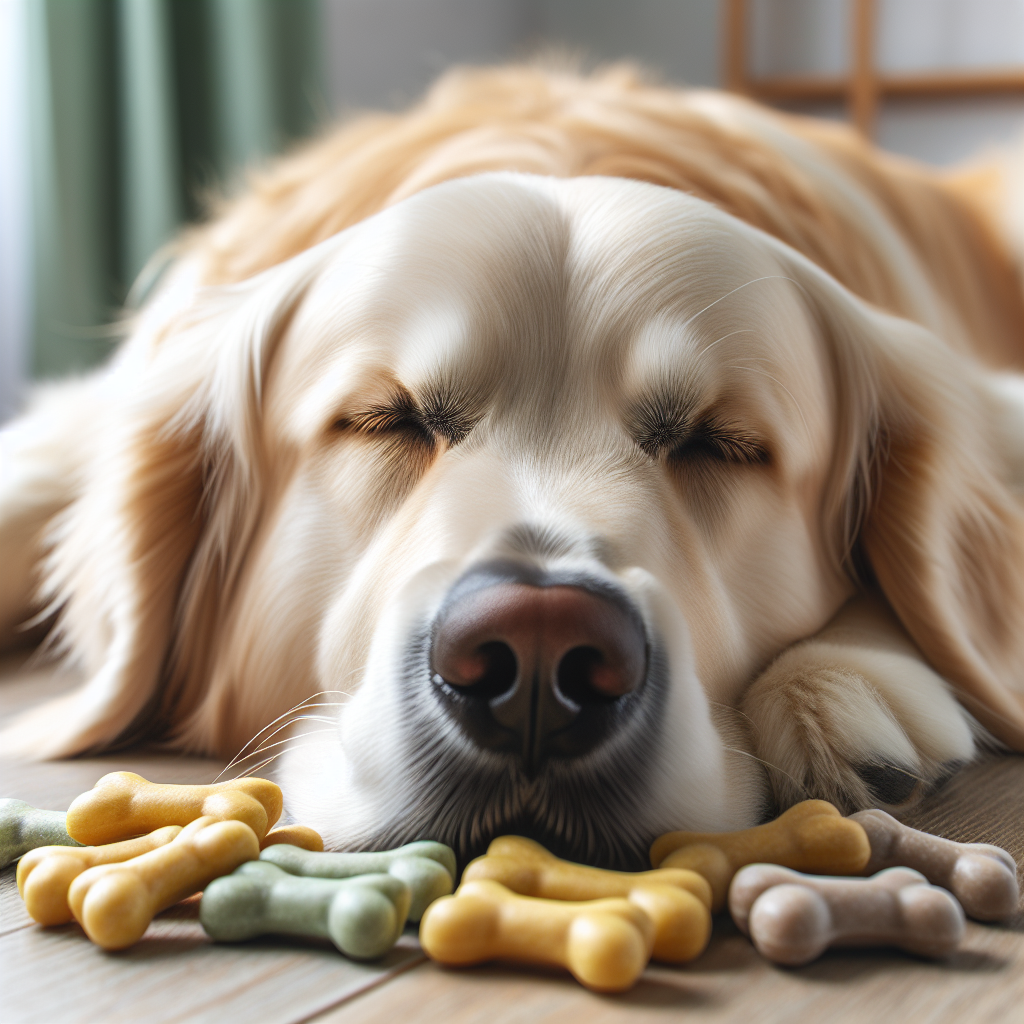 A serene golden retriever lying down with scattered calming chews in soft colors around it, in a room with a cozy atmosphere and natural lighting.
