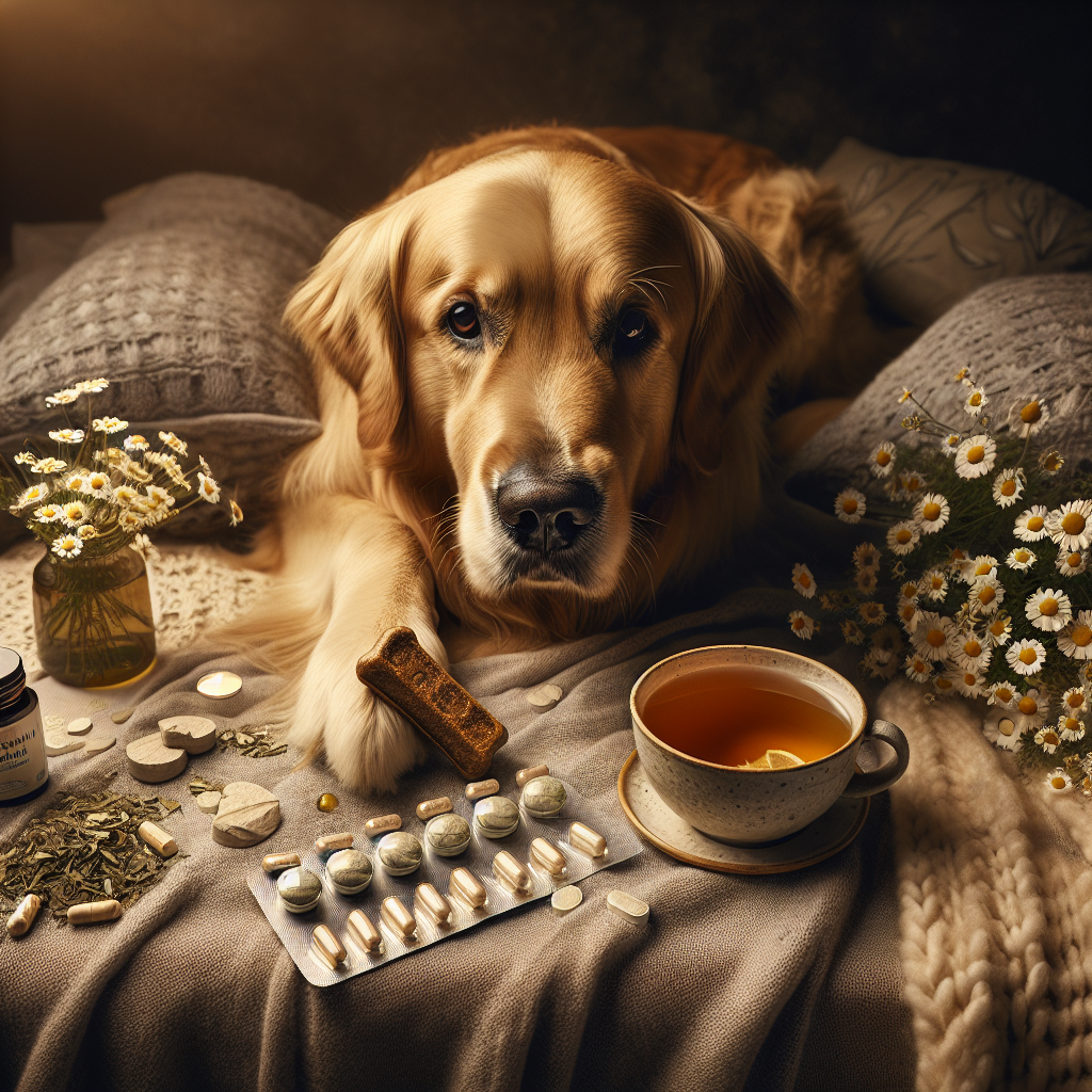 Golden retriever lying down with a calming chew treat, surrounded by ingredients like chamomile, L-theanine, and melatonin, with a cozy blanket and a tea setup in warm lighting.