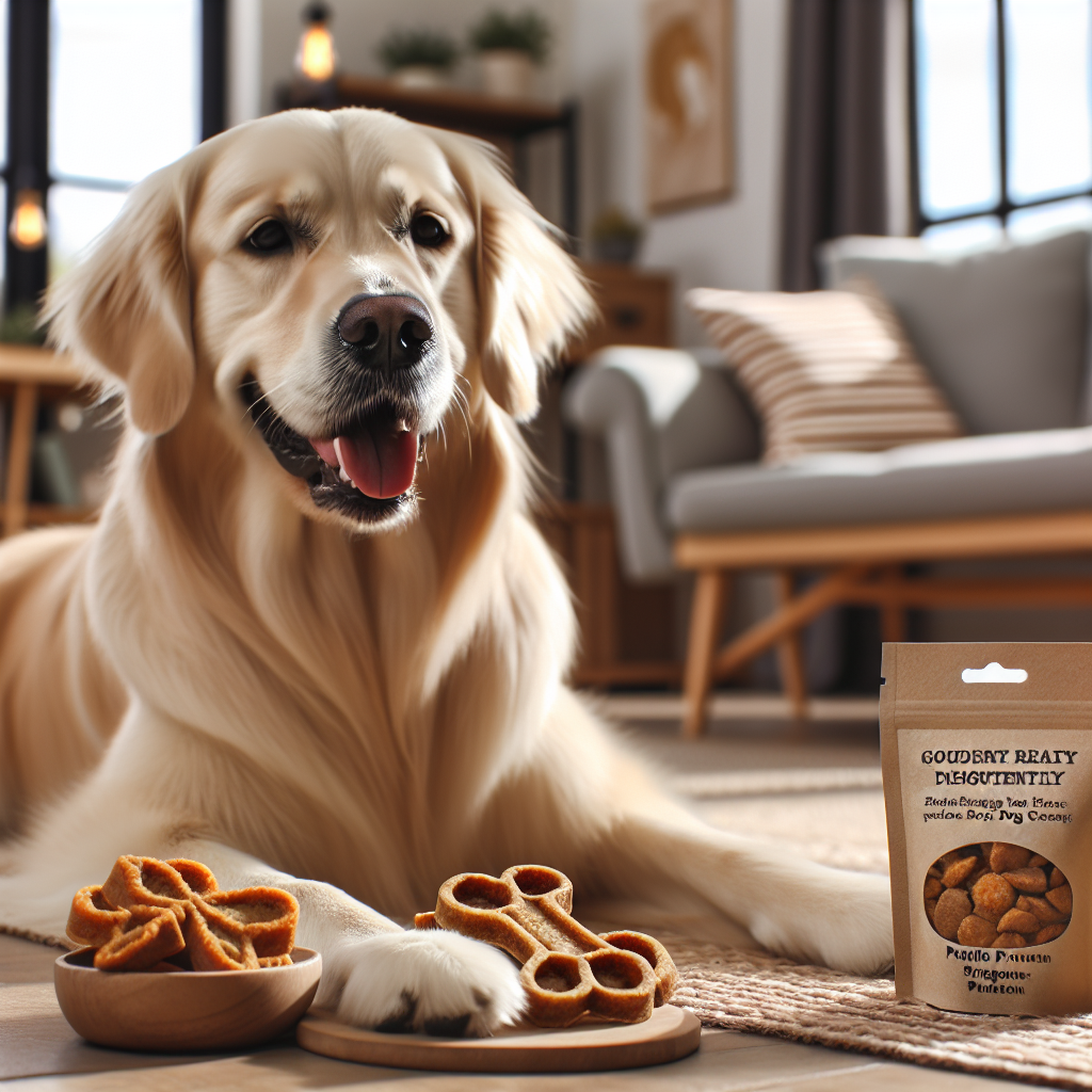 A golden retriever surrounded by high-quality dog treats, with a focus on treats for sensitive stomachs in a cozy home setting.