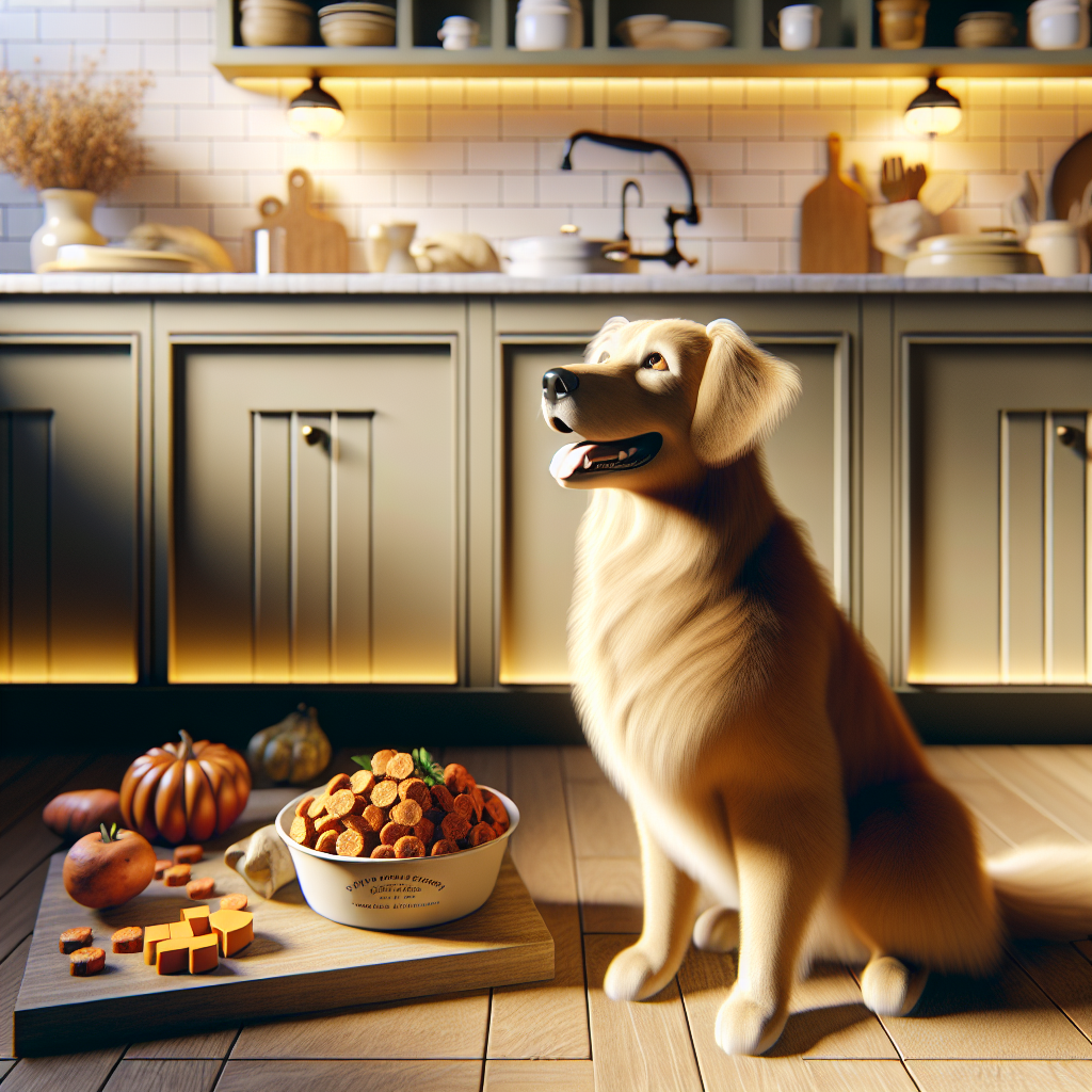 A golden retriever sitting on a kitchen floor looking at a bowl of natural dog treats made from high-quality ingredients.