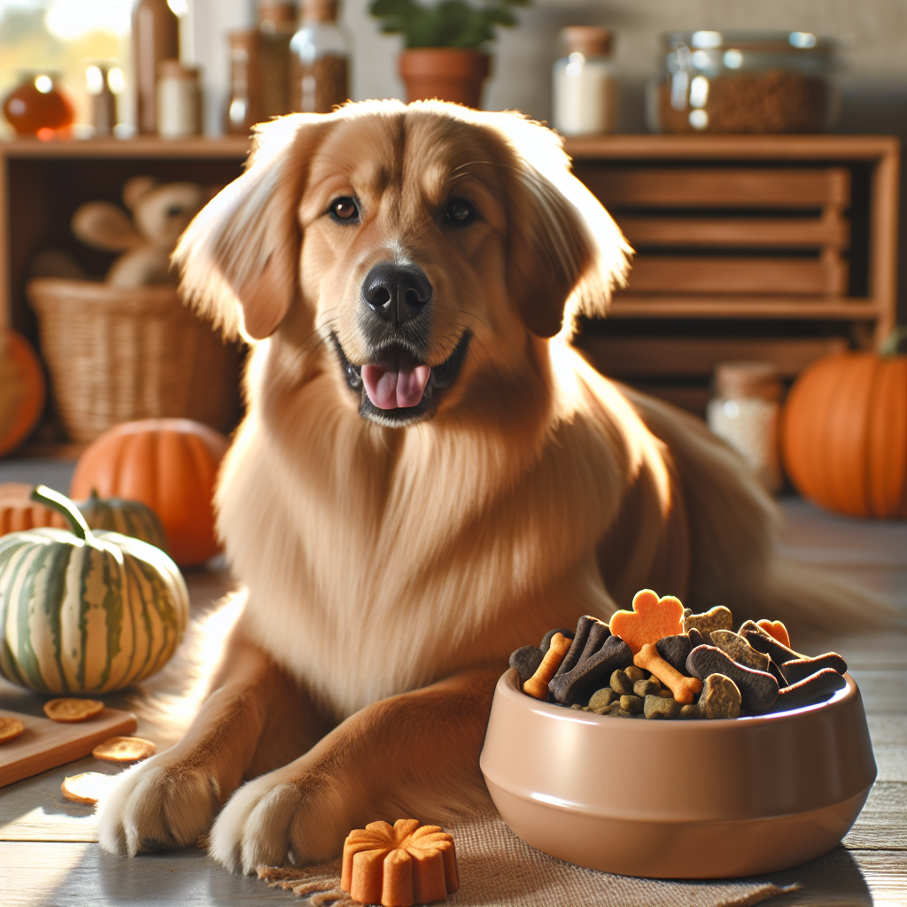 Healthy dog sitting beside a bowl of high-quality dog treats for sensitive stomachs in a naturally lit setting.