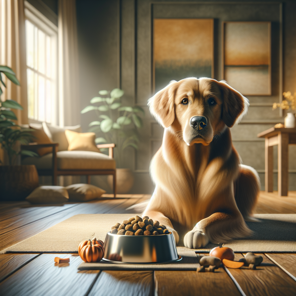 A tranquil scene with a golden retriever sitting by a bowl of dog treats suitable for sensitive stomachs, conveying a sense of care and dietary attentiveness.