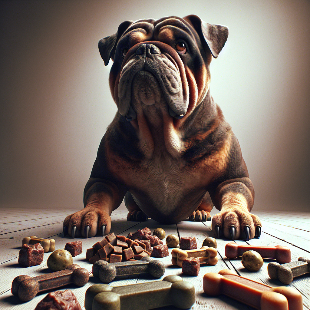 A muscular brindle bulldog sitting with a variety of healthy dog treats appropriately sized for its mouth.