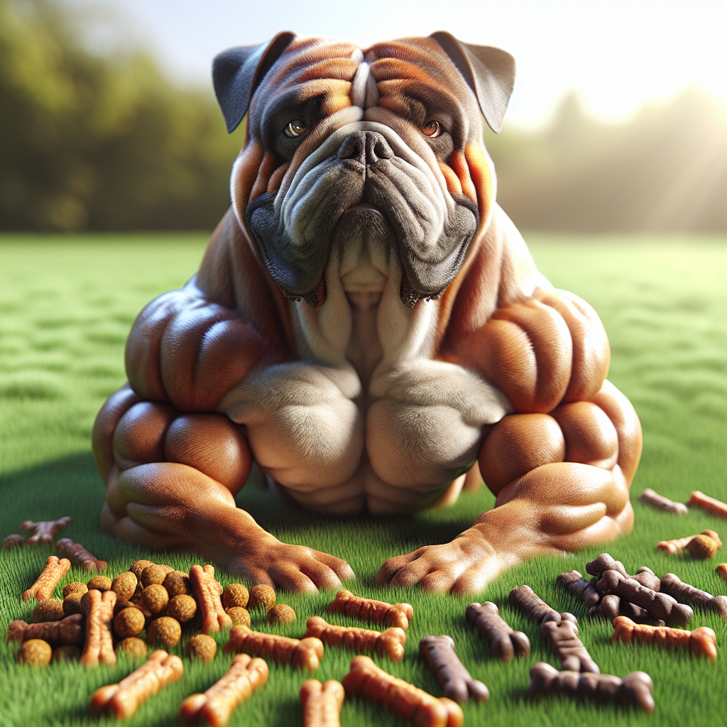 A muscular brindle bulldog surrounded by low-calorie, sensitive-stomach-friendly dog treats on a grassy lawn, in a warmly lit environment.